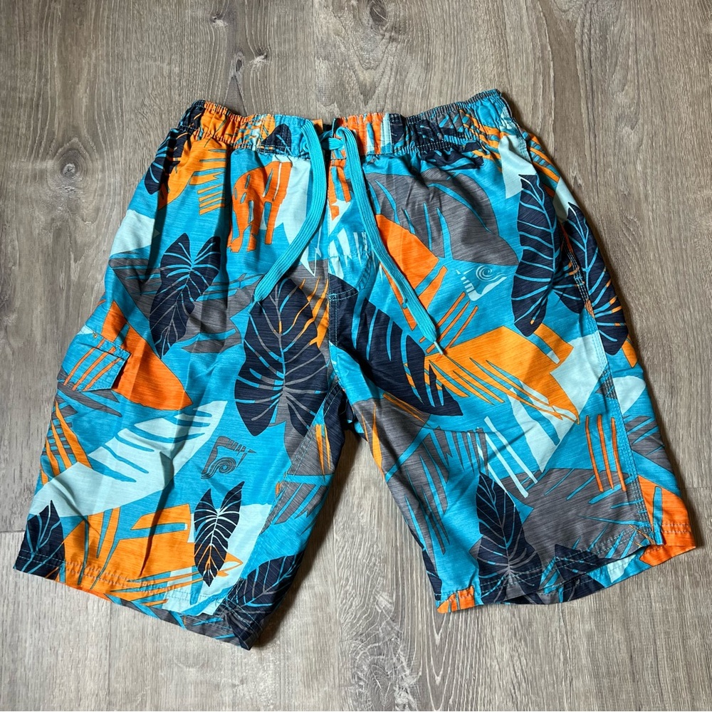 Kanu Surf Blue and Orange Palm Leaves Swim Board Shorts‎ Liner Pockets Men’s M